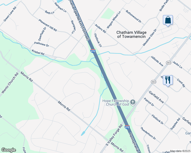map of restaurants, bars, coffee shops, grocery stores, and more near 2038 Spring Valley Road in Lansdale