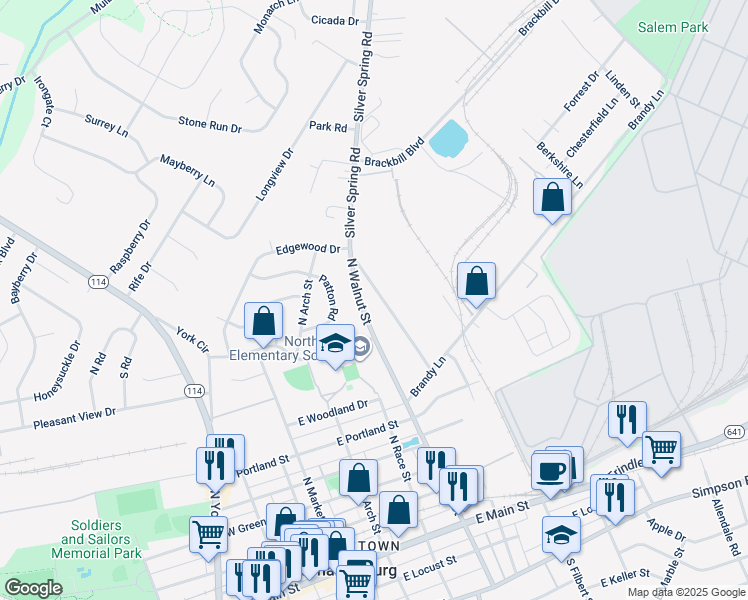 map of restaurants, bars, coffee shops, grocery stores, and more near 913 Old Silver Springs Road in Mechanicsburg