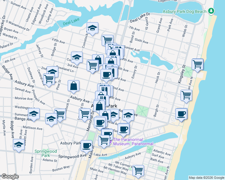 map of restaurants, bars, coffee shops, grocery stores, and more near 705 2nd Avenue in Asbury Park