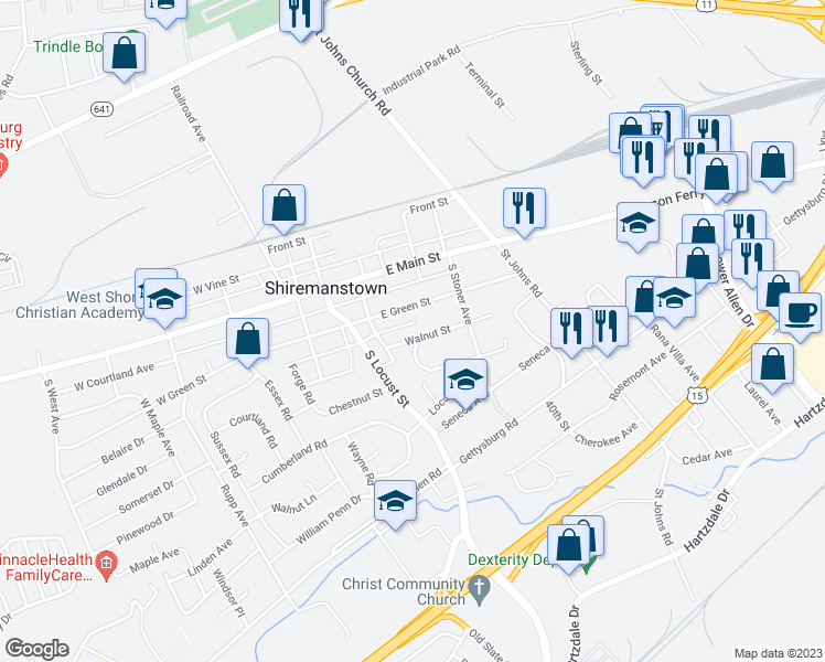 map of restaurants, bars, coffee shops, grocery stores, and more near 207 East Walnut Street in Shiremanstown