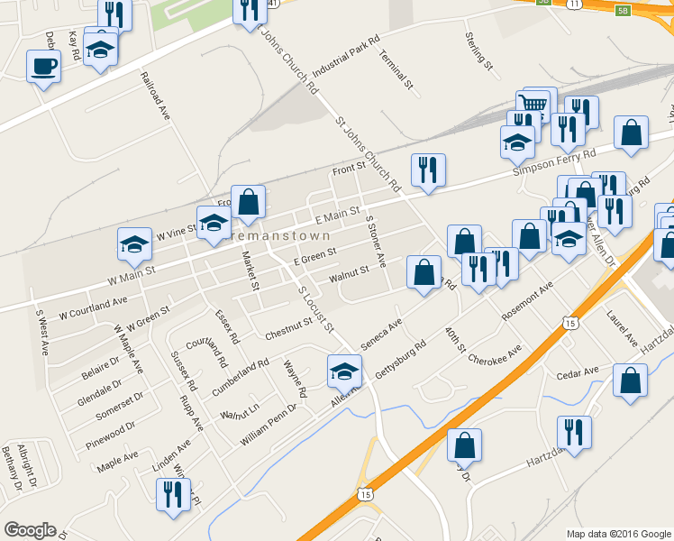 map of restaurants, bars, coffee shops, grocery stores, and more near 207 East Walnut Street in Shiremanstown