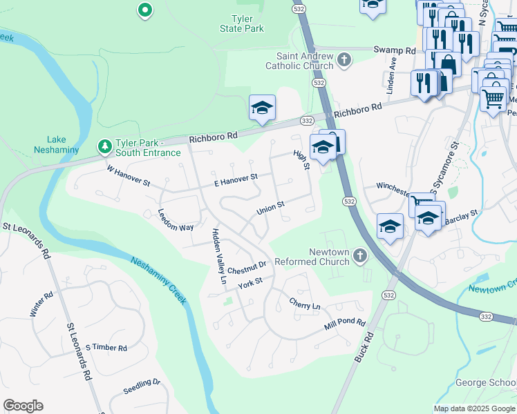 map of restaurants, bars, coffee shops, grocery stores, and more near 210 Union Street in Newtown