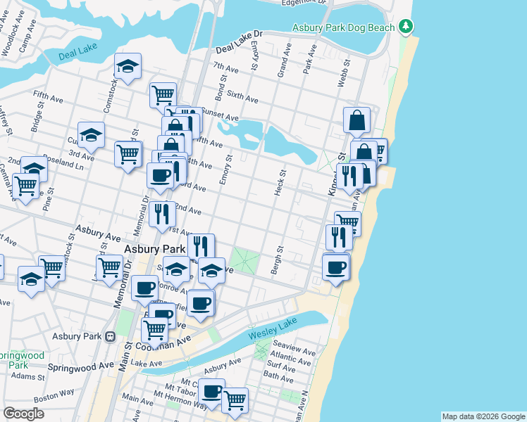 map of restaurants, bars, coffee shops, grocery stores, and more near 409 3rd Avenue in Asbury Park
