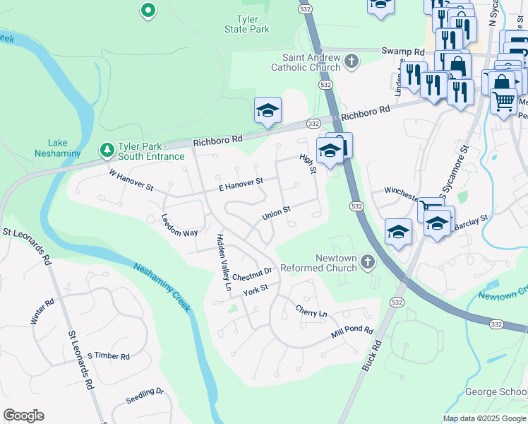 map of restaurants, bars, coffee shops, grocery stores, and more near 210 Union Street in Newtown