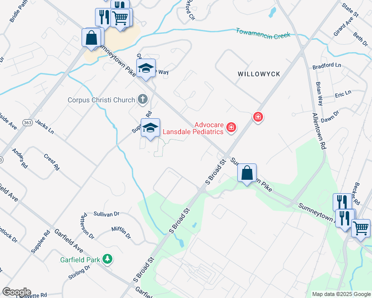 map of restaurants, bars, coffee shops, grocery stores, and more near 1621 Kristin Circle in Lansdale