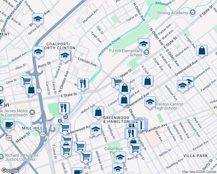 map of restaurants, bars, coffee shops, grocery stores, and more near in Hamilton Township
