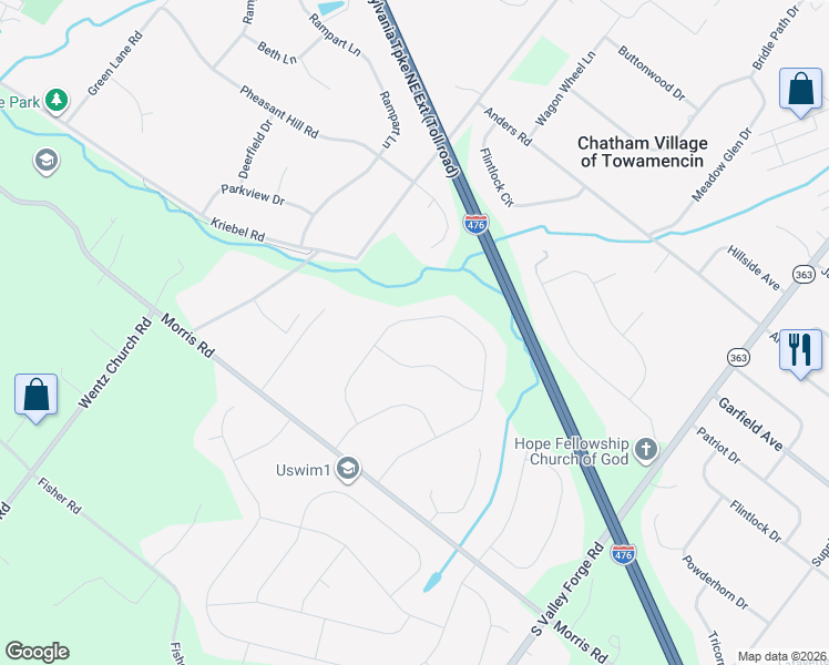 map of restaurants, bars, coffee shops, grocery stores, and more near 2037 Spring Valley Road in Lansdale