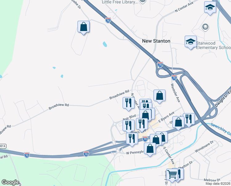 map of restaurants, bars, coffee shops, grocery stores, and more near 116 Broadview Road in New Stanton