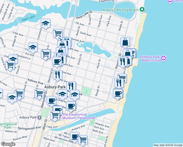 map of restaurants, bars, coffee shops, grocery stores, and more near 409 3rd Avenue in Asbury Park
