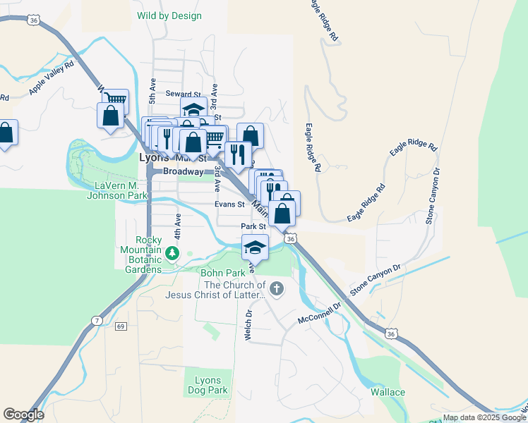 map of restaurants, bars, coffee shops, grocery stores, and more near in Lyons