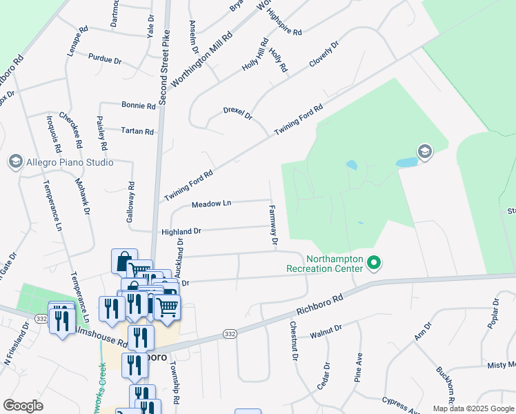 map of restaurants, bars, coffee shops, grocery stores, and more near 158 Meadow Lane in Richboro