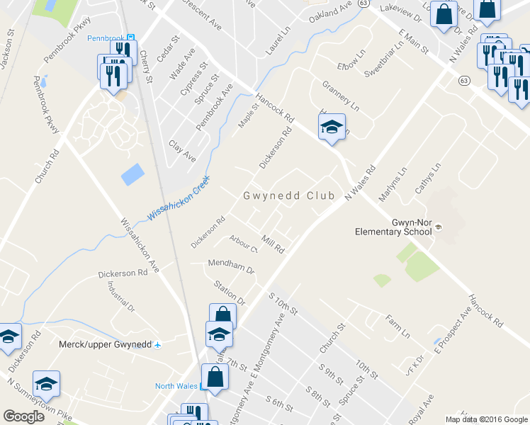 map of restaurants, bars, coffee shops, grocery stores, and more near 21 Kearney Dr in North Wales