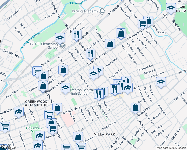 map of restaurants, bars, coffee shops, grocery stores, and more near 245 South Walter Avenue in Trenton