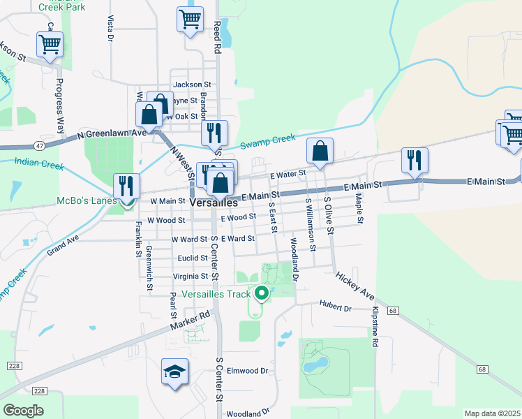 map of restaurants, bars, coffee shops, grocery stores, and more near 216 East Main Street in Versailles