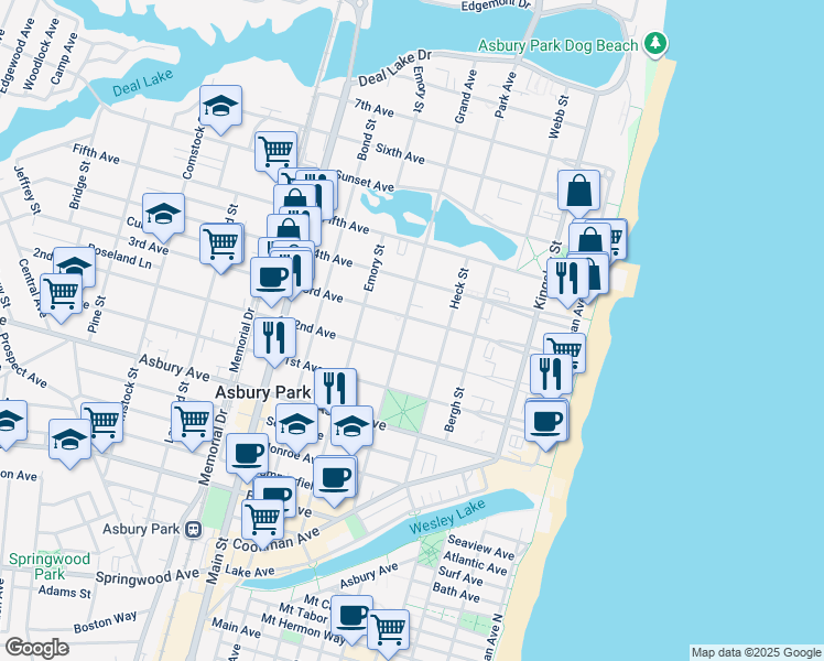 map of restaurants, bars, coffee shops, grocery stores, and more near 409 3rd Avenue in Asbury Park