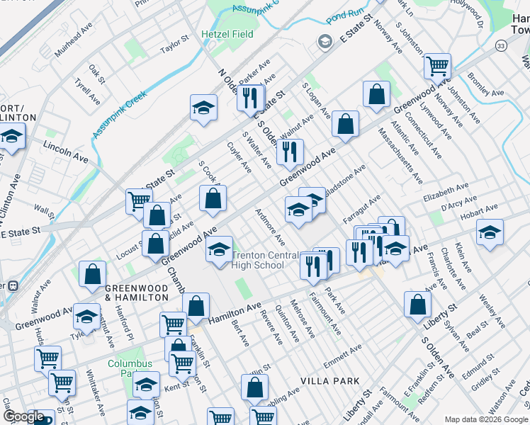 map of restaurants, bars, coffee shops, grocery stores, and more near 1031 Greenwood Avenue in Trenton