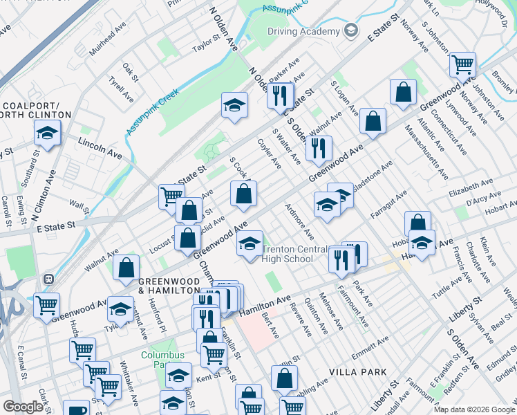 map of restaurants, bars, coffee shops, grocery stores, and more near 342 Euclid Avenue in Trenton