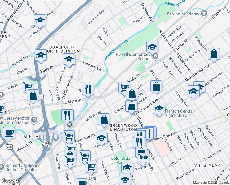 map of restaurants, bars, coffee shops, grocery stores, and more near in Hamilton Township