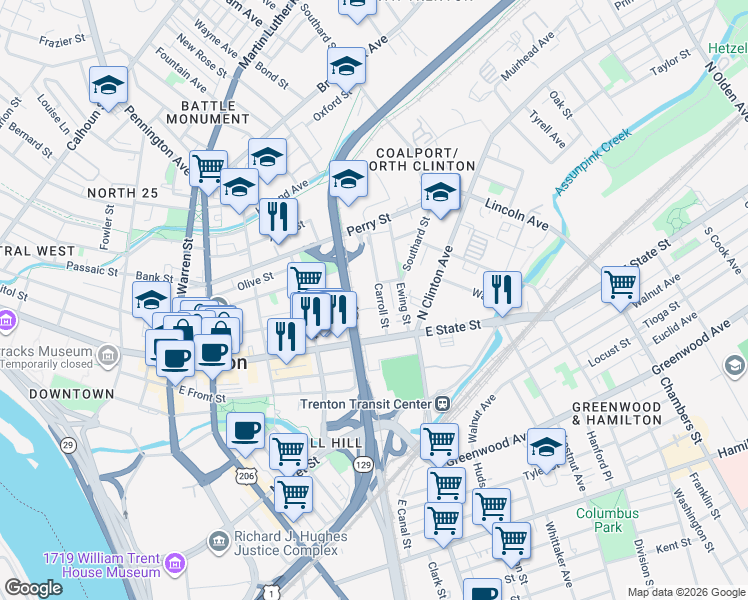 map of restaurants, bars, coffee shops, grocery stores, and more near 48 Carroll Street in Trenton
