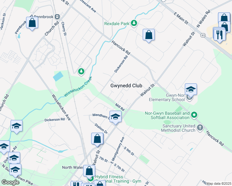 map of restaurants, bars, coffee shops, grocery stores, and more near 21 Kearney Dr in North Wales