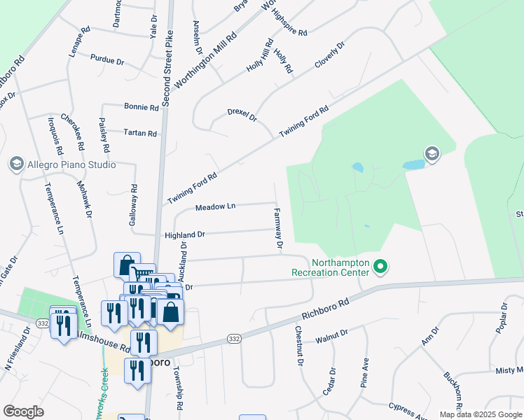 map of restaurants, bars, coffee shops, grocery stores, and more near 158 Meadow Lane in Richboro