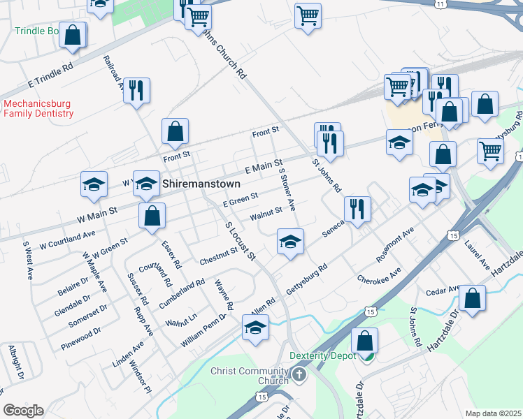 map of restaurants, bars, coffee shops, grocery stores, and more near 209 East Walnut Street in Shiremanstown