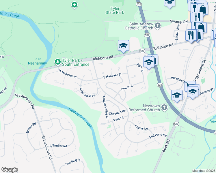map of restaurants, bars, coffee shops, grocery stores, and more near 165 Commonwealth Drive in Newtown