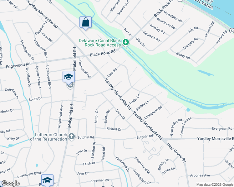 map of restaurants, bars, coffee shops, grocery stores, and more near 1807 Yardley Morrisville Road in Yardley