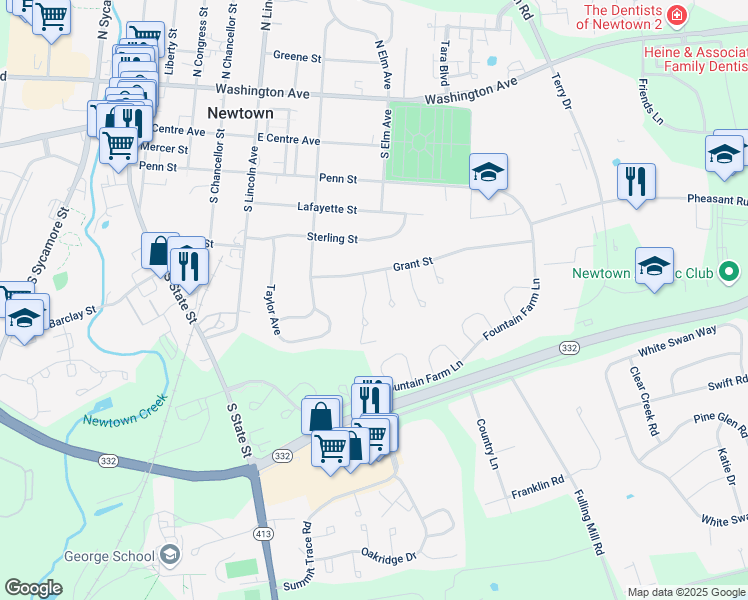 map of restaurants, bars, coffee shops, grocery stores, and more near 5 Armstrong Circle in Newtown