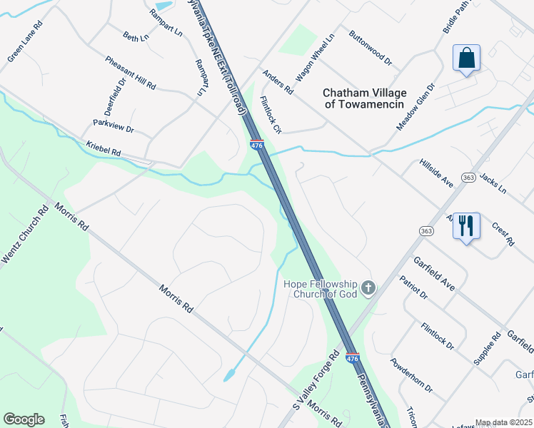 map of restaurants, bars, coffee shops, grocery stores, and more near 2038 Spring Valley Road in Lansdale