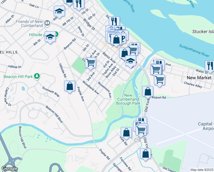 map of restaurants, bars, coffee shops, grocery stores, and more near 614 2nd Street in New Cumberland