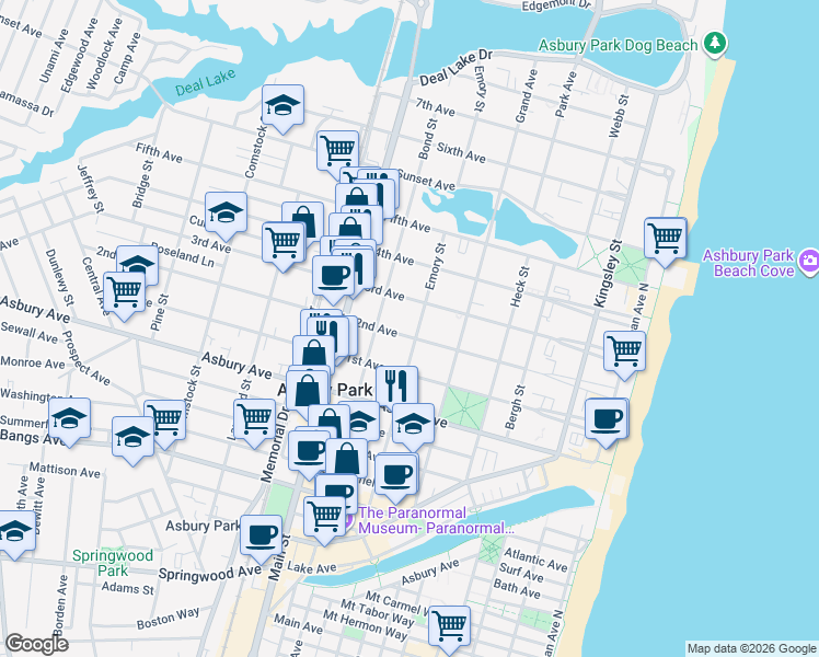 map of restaurants, bars, coffee shops, grocery stores, and more near 1007 Emory Street in Asbury Park