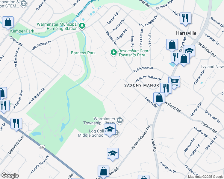 map of restaurants, bars, coffee shops, grocery stores, and more near 924 Lavera Road in Warminster