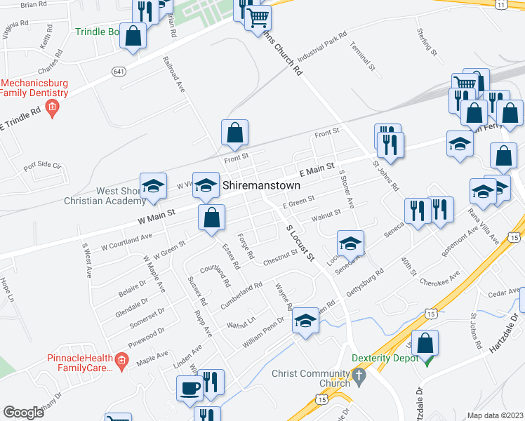 map of restaurants, bars, coffee shops, grocery stores, and more near 15 East Green Street in Shiremanstown