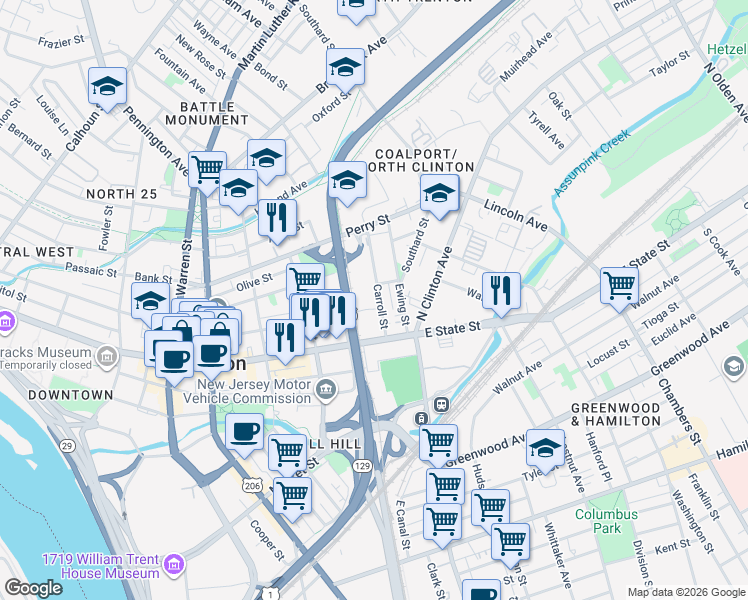 map of restaurants, bars, coffee shops, grocery stores, and more near 48 Carroll Street in Trenton