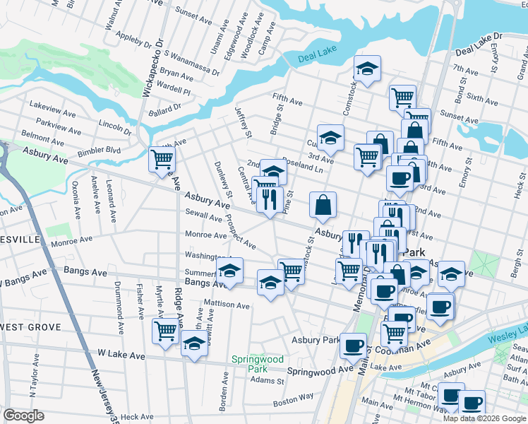 map of restaurants, bars, coffee shops, grocery stores, and more near 1212 1st Avenue in Asbury Park