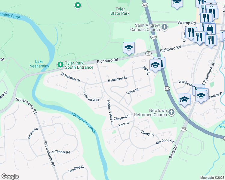 map of restaurants, bars, coffee shops, grocery stores, and more near 165 Commonwealth Drive in Newtown
