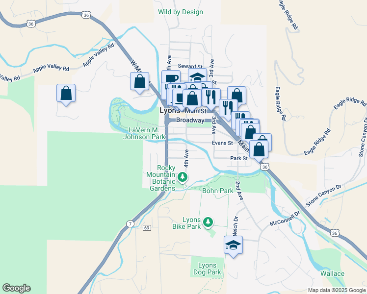 map of restaurants, bars, coffee shops, grocery stores, and more near 405 Evans Street in Lyons