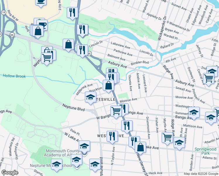 map of restaurants, bars, coffee shops, grocery stores, and more near 652 New Jersey 35 in Neptune City
