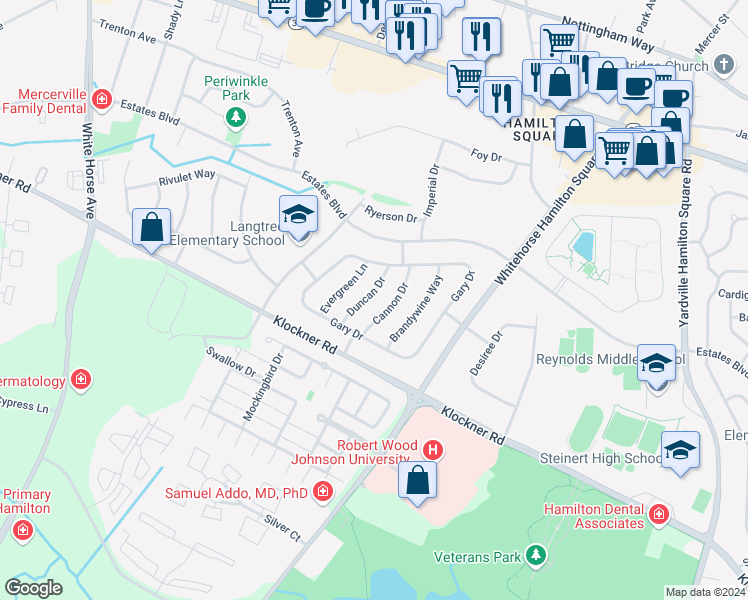 map of restaurants, bars, coffee shops, grocery stores, and more near 14 Duncan Drive in Hamilton Township