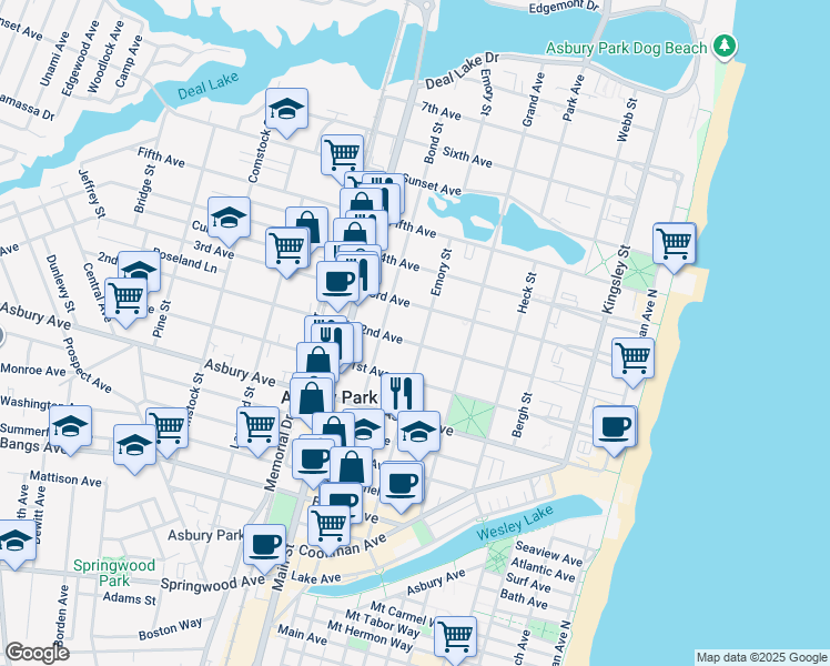 map of restaurants, bars, coffee shops, grocery stores, and more near 603 2nd Avenue in Asbury Park