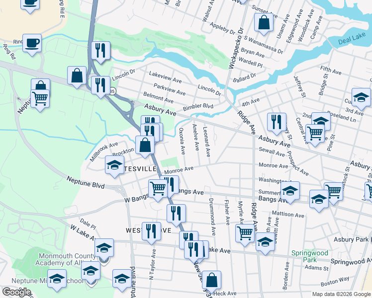 map of restaurants, bars, coffee shops, grocery stores, and more near 121 Oxonia Avenue in Neptune City