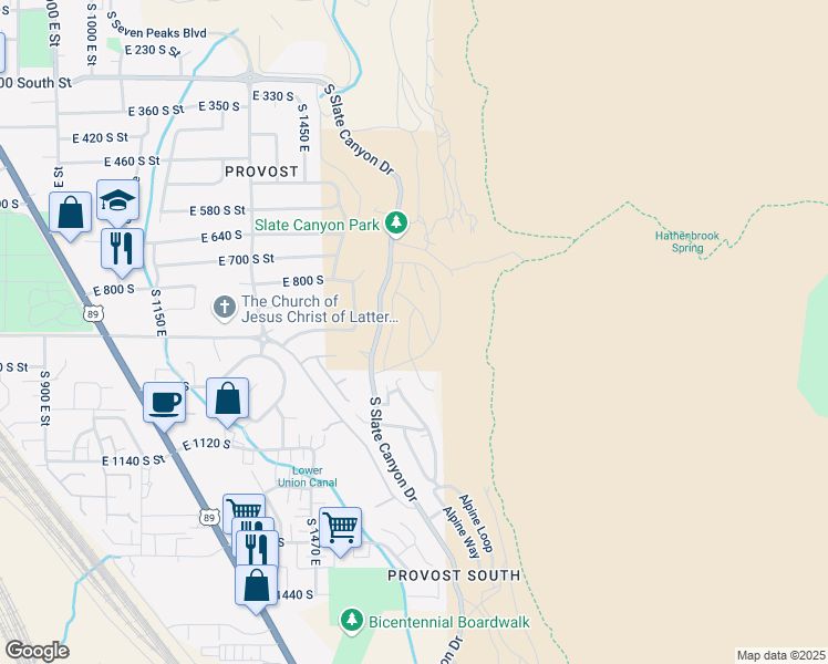 map of restaurants, bars, coffee shops, grocery stores, and more near 913 South Aspen Place in Provo