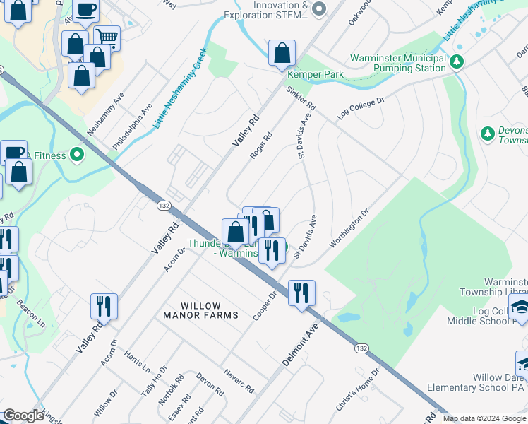 map of restaurants, bars, coffee shops, grocery stores, and more near 687 Clifford Street in Warminster