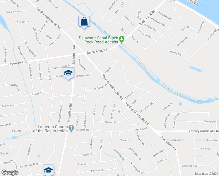 map of restaurants, bars, coffee shops, grocery stores, and more near 1807 Yardley Morrisville Road in Yardley