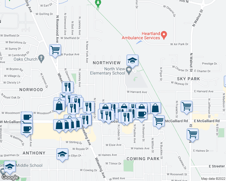 map of restaurants, bars, coffee shops, grocery stores, and more near 3604 North Locust Street in Muncie