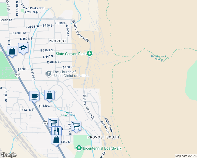 map of restaurants, bars, coffee shops, grocery stores, and more near 890 Aspen Summit Drive in Provo