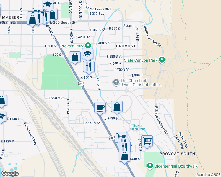 map of restaurants, bars, coffee shops, grocery stores, and more near 1233 East 900 South in Provo