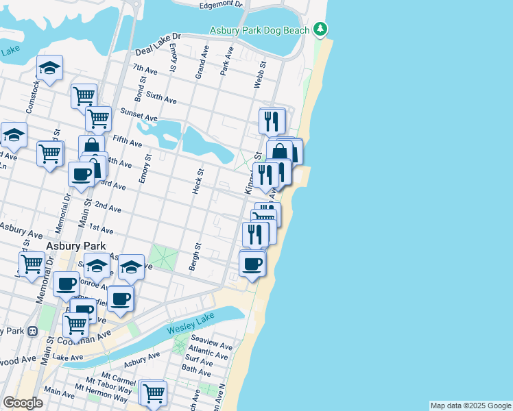 map of restaurants, bars, coffee shops, grocery stores, and more near in Asbury Park