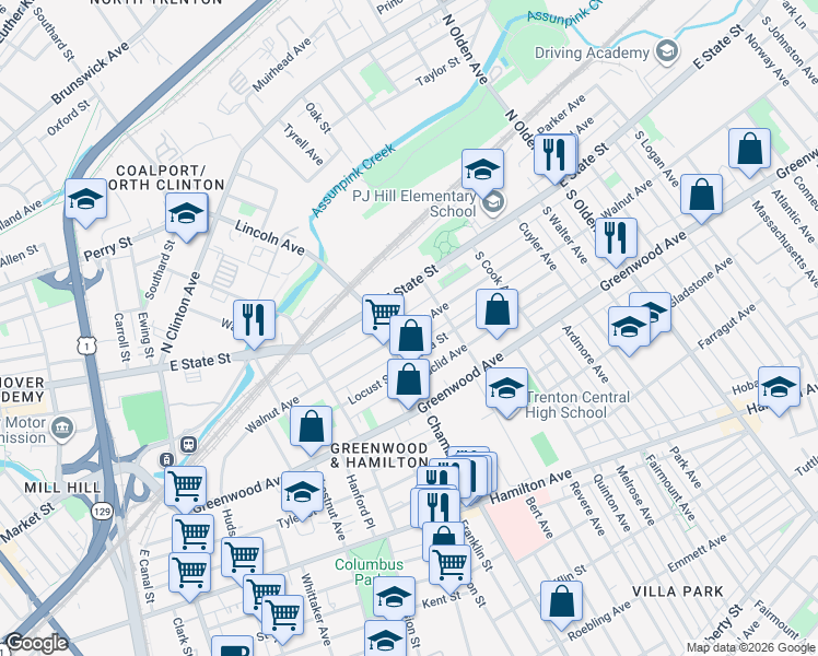 map of restaurants, bars, coffee shops, grocery stores, and more near 263 Walnut Avenue in Trenton